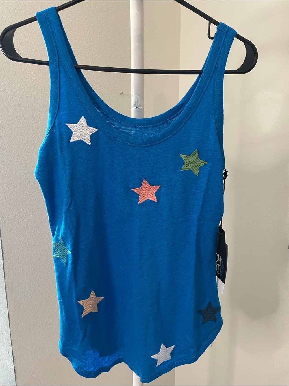 Chaser Blue Linen Tank Top with Multicolor Embroidered Stars